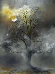 Rule 34 | bare tree, cloud, cloudy sky, fog, full moon, mitzoka2001, moon, night, night sky, no humans, original, scenery, sky, tree