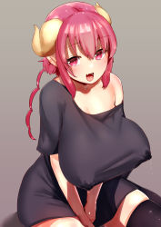 Rule 34 | 1girl, black shirt, black thighhighs, blush, breasts, chiyamame (tyamame589), cleavage, collarbone, dragon girl, dragon horns, drill hair, fang, gradient background, grey background, highres, horns, huge breasts, ilulu (maidragon), kobayashi-san chi no maidragon, lactation, lactation through clothes, long hair, looking at viewer, looking up, matching hair/eyes, off-shoulder shirt, off shoulder, open mouth, pointy ears, red eyes, red hair, shirt, sidelocks, simple background, sitting, skin fang, skindentation, smile, solo, taut clothes, thighhighs, thighs, twintails, wariza