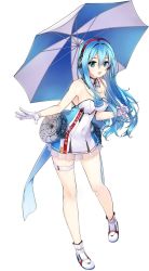 Rule 34 | 1girl, ascot, bad id, bad pixiv id, bare shoulders, blue ascot, blue eyes, breasts, clothes writing, collarbone, covered navel, detached collar, dress, frills, full body, gloves, hair between eyes, hands up, headphones, holding, holding umbrella, legs apart, long hair, looking at viewer, medium breasts, original, race queen, shoes, short dress, simple background, solo, standing, strapless, strapless dress, striped, striped umbrella, tama (tamatamo), thigh strap, umbrella, white background, white dress, white footwear, white gloves