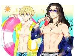 Rule 34 | 2boys, akeno06, baji keisuke, black hair, black shorts, blonde hair, blouse, blue background, blue eyes, blue shirt, blue shorts, closed mouth, cowboy shot, cross, cup, drinking straw, earrings, fang, gradient background, hair between eyes, highres, holding, holding cup, innertube, jacket, jewelry, long hair, long sleeves, looking away, male focus, matsuno chifuyu, multiple boys, necklace, off shoulder, open clothes, open jacket, see-through, see-through shirt, shirt, short hair, shorts, single earring, standing, sunglasses, swim ring, tokyo revengers, toned, toned male, yellow background, yellow jacket