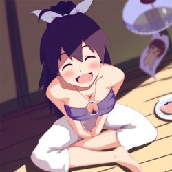 Rule 34 | 1girl, argon, bare shoulders, barefoot, black hair, blurry, blush, breasts, capri pants, cleavage, depth of field, downblouse, closed eyes, food, from above, fruit, ganaha hibiki, hair ribbon, happy, idolmaster, idolmaster (classic), indian style, long hair, nonowa, open mouth, pants, ponytail, ribbon, sitting, smile, solo, watermelon, wind chime
