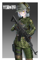 Rule 34 | 1girl, absurdres, akm, assault rifle, bulletproof vest, escape from tarkov, glasses, gloves, gun, hat, headphones, highres, hiiragi senri, holding, holding gun, holding weapon, holster, kalashnikov rifle, long sleeves, looking at viewer, magazine (weapon), medium hair, rifle, smile, solo, thigh holster, trigger discipline, weapon, white hair, yellow eyes