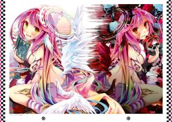 Rule 34 | 1girl, angel, angel wings, blood, blood on face, blood wings, book, breasts, crop top, dark persona, feathers, halo, hexagram, jibril (no game no life), large breasts, long hair, medium breasts, multicolored hair, no game no life, official art, open mouth, pink hair, pubic hair, rainbow hair, ribbon, shaped pubic hair, short shorts, shorts, sideboob, skull, smile, star of david, tattoo, very long hair, wings, yellow eyes