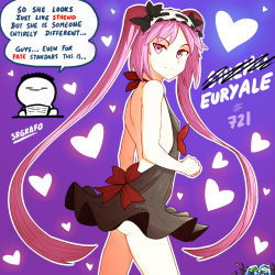 Rule 34 | 1girl, backless dress, backless outfit, black dress, dress, english text, euryale (fate), fate/grand order, fate (series), purple eyes, purple hair, speech bubble, srgrafo, twintails