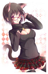 Rule 34 | 1girl, animal ears, bell, black thighhighs, blush, breasts, cat ears, cat tail, cleavage, cleavage cutout, clothing cutout, extra ears, glasses, looking at viewer, meme attire, open-chest sweater, original, plaid, plaid skirt, purple eyes, red-framed eyewear, red skirt, short hair, sisco, skirt, solo, sweater, tail, thighhighs, zettai ryouiki