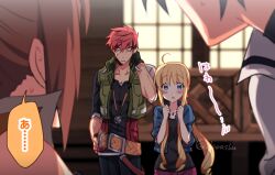 ... 2boys 2girls agate_crosner ahoge belt black_shirt blonde_hair blue_eyes blurry blurry_background blush commentary_request eiyuu_densetsu estelle_bright joshua_bright multiple_boys multiple_girls red_hair riarashu sen_no_kiseki sen_no_kiseki_(series) sen_no_kiseki_iv shirt short_hair spoken_ellipsis sweat tita_russell translation_request