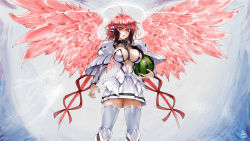 Rule 34 | 1girl, ahoge, android, angel, armor, artist name, artist progress, between breasts, black collar, breasts, chain, collar, commentary, english commentary, food, fruit, hair between eyes, halo, highres, ikaros, large breasts, narrow waist, navel, pink wings, red eyes, red hair, redrawn, revision, robot ears, simple background, skirt, solo, sora no otoshimono, standing, textless version, the golden smurf, thighhighs, watermelon, white skirt, white thighhighs, wings