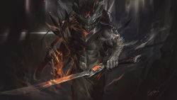 Rule 34 | 1boy, abs, absurdres, armor, black hair, black skin, closed mouth, colored skin, commentary request, dated, fire, gradient background, helmet, highres, holding, holding sword, holding weapon, league of legends, long hair, looking at viewer, male focus, muscular, muscular male, navel, nightbringer yasuo, red eyes, shoulder armor, signature, solo, spikes, sword, weapon, wutu (1183238220), yasuo (league of legends)