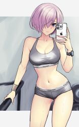 Rule 34 | 1girl, bra, breasts, cellphone, cleavage, closed mouth, dynamitenatalia, fate/grand order, fate (series), grey bra, grey panties, hair over one eye, highres, holding, holding phone, large breasts, looking at viewer, mash kyrielight, navel, panties, phone, pink hair, purple eyes, selfie, short hair, smartphone, solo, stomach, sweat, thighs, underwear, watch, wristwatch