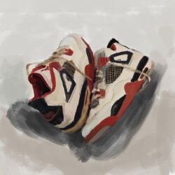 Rule 34 | air jordan, air jordan 4, commentary, faux traditional media, footwear focus, highres, no humans, original, painterly, shadow, shoelaces, shoes, sneakers, still life, symbol-only commentary, untied shoe, wavypeso, white footwear
