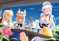 Rule 34 | 3girls, apron, azur lane, belfast (azur lane), beret, blonde hair, blue eyes, blue headwear, blue skirt, blue sky, breasts, broken, broken chain, cake, chain, cleavage, cup, cupcake, closed eyes, food, gloves, hat, high-waist skirt, holding, holding cup, jelilianamiku, large breasts, long hair, looking at viewer, macaron, maid headdress, manjuu (azur lane), multiple girls, official alternate costume, open mouth, orange hair, puffy short sleeves, puffy sleeves, purple eyes, queen elizabeth (azur lane), queen elizabeth (queen of the campus) (azur lane), round table, saucer, shirt, short sleeves, sitting, skirt, sky, standing, table, teacup, teapot, tiered tray, waist apron, warspite (azur lane), white apron, white gloves, white hair, white shirt
