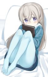 Rule 34 | 1girl, blue pantyhose, blush, commentary, curled up, eila ilmatar juutilainen, english commentary, fankupl, highres, lying, notebook, on back, pantyhose, pillow, purple eyes, silver hair, solo, strike witches, sweater, world witches series, aged down