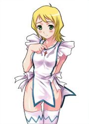 Rule 34 | 00s, 1girl, adjusting clothes, apron, arm behind back, blonde hair, blush, cowboy shot, duplicate, erstin ho, gluteal fold, green eyes, lowres, maruto!, my-otome, naked apron, no dress, solo, thigh gap, thighhighs, white thighhighs