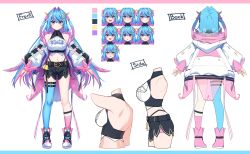 Rule 34 | 1girl, absurdres, blue hair, breasts, character sheet, closed mouth, collared shirt, from behind, gendo0032, gradient hair, hair between eyes, hair intakes, highres, large breasts, long hair, long sleeves, misora kanon, multicolored hair, nijigen project, open mouth, pink hair, puffy long sleeves, puffy sleeves, purple eyes, shirt, shorts, single thighhigh, thighhighs, two-tone hair, two side up, virtual youtuber