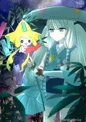 1girl closed_mouth commentary_request creatures_(company) flute game_freak gen_3_pokemon green_eyes green_hair green_hat hat hatsune_miku highres holding instrument japanese_clothes jirachi kimono large_hat leaf legendary_pokemon long_hair mythical_pokemon night nintendo outdoors paper plant pokemon pokemon_(creature) project_voltage sakanashiworks sash sidelocks sky steel_miku_(project_voltage) thighhighs twintails vocaloid