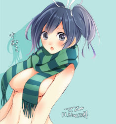Rule 34 | 10s, 1girl, :o, aqua background, artist name, bad id, bad pixiv id, blue eyes, blue hair, breasts, cold, dated, eyes visible through hair, hair between eyes, highres, kantai collection, large breasts, looking at viewer, matching hair/eyes, naked scarf, scarf, short twintails, signature, simple background, solo, souryuu (kancolle), tebi (tbd11), twintails, underboob