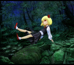 Rule 34 | 1girl, blonde hair, cervus, forest, hair ribbon, mary janes, nature, red eyes, ribbon, rumia, shirt, shoes, short hair, skirt, touhou, vest