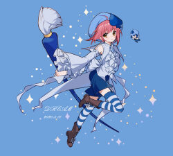 Rule 34 | 2girls, amulet spade, artist name, blue hair, blue headwear, blue shirt, blue shorts, blue thighhighs, brown footwear, closed mouth, collared shirt, dated, detached sleeves, dream han, full body, hair ornament, highres, hinamori amu, holding, holding paintbrush, light blue background, long sleeves, looking at viewer, miki (shugo chara!), multiple girls, orange eyes, paintbrush, pink hair, shirt, short hair, shorts, shugo chara!, smile, spade hair ornament, striped clothes, striped thighhighs, thighhighs, white thighhighs