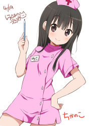 Rule 34 | 1girl, artist name, black hair, blush, brown eyes, character name, chijou noko, chikanoko, commentary request, copyright name, cross print, dated, dress, hand on own hip, hat, long hair, looking at viewer, md5 mismatch, name tag, nurse, nurse cap, original, pink dress, ragho no erika, signature, smile, solo, thermometer