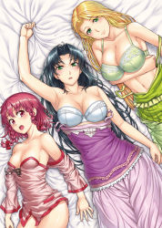 Rule 34 | 3girls, arm up, armpits, bare shoulders, bed, bed sheet, blonde hair, blue hair, blush, bra, braid, breast hold, breasts, camisole, cleavage, collarbone, embarrassed, female focus, from above, game cg, green bra, green eyes, huge breasts, large breasts, legs, lips, long hair, looking at viewer, lying, midriff, multiple girls, navel, off shoulder, on back, open mouth, original, pajamas, pink eyes, pink hair, pirano, sheet grab, short hair, shy, skirt, small breasts, smile, strap slip, strapless, strapless bra, surprised, thighs, underwear, undressing, white bra, yuri