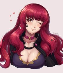 Rule 34 | 1girl, ;), artist name, black bodysuit, black cape, blush, bodysuit, breasts, cape, choker, cleavage, closed mouth, commentary, cropped torso, english commentary, evomanaphy, fire emblem, fire emblem engage, gold trim, heart, highres, large breasts, long hair, looking at viewer, nintendo, one eye closed, pink choker, red eyes, red hair, simple background, smile, solo, star (symbol), yunaka (fire emblem)