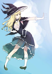 Rule 34 | 1girl, absurdres, alternate costume, blonde hair, bow, breasts, cleavage, dress, gloves, hat, hat bow, highres, joyeac, kirisame marisa, long hair, mini-hakkero, aged up, small breasts, solo, touhou, witch hat, yellow eyes