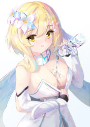 Rule 34 | 1girl, absurdres, bad id, bad pixiv id, bare shoulders, blonde hair, blue background, bottle, breasts, cleavage, commentary, detached sleeves, dress, flower, genshin impact, gradient background, hair flower, hair ornament, hand up, highres, holding, holding bottle, large breasts, looking at viewer, lumine (genshin impact), medium hair, parted lips, pouring, pouring onto self, prinz eugen1938, scarf, solo, upper body, water, white background, white dress, white flower, white scarf, yellow eyes