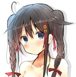 Rule 34 | 10s, 1girl, alternate hairstyle, atsutoku, bad id, bad twitter id, blue eyes, braid, collarbone, hair ornament, kantai collection, long hair, looking at viewer, md5 mismatch, out-of-frame censoring, portrait, resized, shigure (kancolle), solo, twin braids, twintails