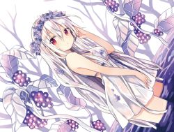 Rule 34 | 1girl, absurdres, bare shoulders, chiya (urara meirochou), commentary request, dress, dutch angle, food, from side, fruit, grapes, harikamo, head wreath, highres, long hair, looking at viewer, nail polish, official art, plant, purple nails, red eyes, short dress, silver hair, sleeveless, soaking feet, solo, tree, urara meirochou, very long hair, wading, water, wet, wet clothes, wet dress, wet hair