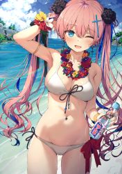 Rule 34 | 1girl, ;d, absurdres, beach, bikini, blue eyes, blue hair, blue nails, blue sky, blush, bottle, breasts, cleavage, cloud, cross hair ornament, flower, flower necklace, hair flower, hair ornament, highres, holding, holding bottle, jewelry, lei, medium breasts, multicolored hair, nail polish, navel, navel piercing, necklace, one eye closed, open mouth, original, piercing, pink hair, ramune, sky, smile, solo, stomach, streaked hair, sweatdrop, swimsuit, sy4, thighs, twintails, virtual youtuber, wet, white bikini