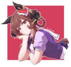 Rule 34 | 1girl, animal ears, bow, braided hair rings, closed mouth, commentary request, ear covers, gentildonna (umamusume), head rest, horse ears, horse girl, long hair, mukakin, puffy short sleeves, puffy sleeves, purple bow, purple shirt, red background, red eyes, sailor collar, school uniform, shirt, short sleeves, smile, summer uniform, tracen school uniform, two-tone background, umamusume, upper body, white background