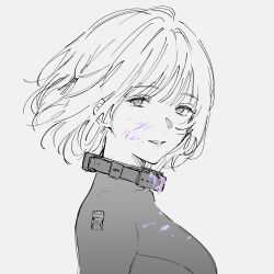 Rule 34 | 1girl, asawa (dm owr), blood, blood on face, bodysuit, breasts, collar, commentary request, from side, girls&#039; frontline, highres, large breasts, looking at viewer, looking to the side, metal collar, monochrome, purple blood, rpk-16 (girls&#039; frontline), short hair, sketch, smile, solo, spot color, upper body