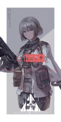 Rule 34 | 1girl, absurdres, defy (girls&#039; frontline), drum magazine, girls&#039; frontline, gun, highres, light machine gun, load bearing equipment, looking at viewer, magazine (weapon), purple eyes, rpk-16, rpk-16 (girls&#039; frontline), russian text, short hair, smile, tactical clothes, useless (gss44344), weapon