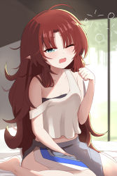 Rule 34 | 1girl, arknights, barefoot, bed, black bra, blue eyes, blurry, blurry background, blush, bra, breasts, brown hair, collarbone, commentary, day, dwarf, english commentary, full body, highres, indoors, messy hair, midriff peek, myrtle (arknights), off shoulder, one eye closed, pointy ears, shirt, sitting, skirt, sleepy, sleeveless, sleeveless shirt, small breasts, solo, squeans, strapless, strapless bra, sunlight, underwear, waff waffu, wariza, window, yawning
