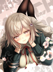 Rule 34 | 1girl, beige skirt, black jacket, black thighhighs, blush, breasts, commentary request, danganronpa (series), danganronpa 2: goodbye despair, flipped hair, hair ornament, hairclip, hatori mia, highres, hood, hoodie, jacket, large breasts, legs up, light brown hair, looking at viewer, lying, nanami chiaki, on ground, on stomach, pink eyes, red jacket, red neckwear, red ribbon, ribbon, shirt, short hair, skirt, smile, solo, thighhighs, white shirt