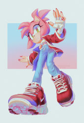 Rule 34 | 1girl, alternate costume, alternate hairstyle, amy rose, animal ears, artist name, blue pants, body fur, breasts, cross-laced footwear, dated, drawstring, female focus, fingerless gloves, fingernails, furry, furry female, gloves, gradient background, green eyes, hairband, hand up, highres, jacket, leg up, logo, long sleeves, looking at viewer, midriff, nail art, nail polish, nike (company), off shoulder, open clothes, open jacket, pants, parted lips, pink fur, pink hair, pink nails, red footwear, red hairband, red jacket, shirt, shoes, short hair, sidelocks, signature, simple background, single glove, sleeveless, sleeveless shirt, small breasts, sneakers, solo, sonic (series), spacecolonie, standing, standing on one leg, topknot, twitter username, two-tone fur, unzipped, white gloves, white shirt, zipper, zipper pull tab