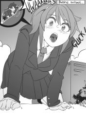 Rule 34 | 1boy, 1girl, all fours, blush, comic, cross-section, english text, erika (shukushou gakuen), giant, giantess, greyscale, hair between eyes, helpless, highres, inside creature, luckyb, mini person, miniboy, monochrome, necktie, open mouth, outdoors, saliva, scared, school uniform, screaming, shukushou gakuen, size difference, skirt, soft vore, struggling, swallowing, tongue, tongue out, uvula, vore
