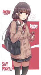 Rule 34 | 1girl, anger vein, bag, black hair, black skirt, black thighhighs, blush, bow, bowtie, braid, brown cardigan, cardigan, collared shirt, commentary request, duffel bag, english text, food, hair ornament, hair scrunchie, holding, jerry3912, long hair, long sleeves, looking at viewer, low-tied long hair, miniskirt, mouth hold, original, pleated skirt, pocky, pocky day, polka dot, purple eyes, red bow, red bowtie, school bag, school uniform, scrunchie, shirt, sidelocks, skirt, solo, spoken blush, striped bow, striped bowtie, striped clothes, striped neckwear, thighhighs, white shirt, zettai ryouiki