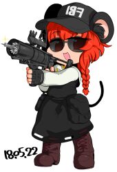 Rule 34 | 1girl, animal ears, ash (rainbow six siege), baseball cap, black gloves, black hat, black skirt, black vest, boots, braid, brown footwear, capelet, commentary request, cookie (touhou), dated, fbi, fingerless gloves, full body, gloves, gun, hat, highres, holding, holding gun, holding weapon, long hair, long sleeves, looking at viewer, mouse ears, mouse girl, mouse tail, nazrin, nyon (cookie), open mouth, orange hair, pouch, rainbow six siege, red eyes, shirt, side braid, simple background, single braid, skirt, skirt set, smile, solo, standing, sunglasses, tail, tetugakuzonbi, touhou, vest, weapon, white background, white capelet, white shirt