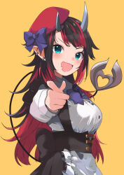 Rule 34 | 1girl, absurdres, alternate costume, apron, beret, black hair, black skirt, blue eyes, blush, bow, bowtie, breasts, buttons, collared shirt, commentary request, cowboy shot, demon girl, demon horns, demon tail, frilled apron, frills, hat, hat bow, highres, horns, large breasts, long hair, long sleeves, looking at viewer, looking to the side, multicolored hair, nanashi inc., open mouth, pointing, pointing at viewer, pointy ears, purple bow, purple bowtie, red hair, red hat, ryugasaki rene, shirt, simple background, skirt, smile, solo, sugar lyric, tail, two-tone hair, underbust, virtual youtuber, waist apron, white apron, white shirt, yellow background, zono (inokura syuzo029)
