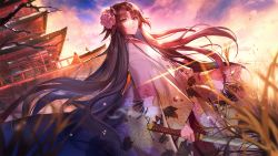 Rule 34 | 1girl, ahoge, architecture, blue eyes, breasts, brown hair, east asian architecture, fate/grand order, fate (series), floral print, flower, gradient sky, hair flower, hair ornament, highres, japanese clothes, kara no kyoukai, katana, kernel killer, kimono, long hair, long sleeves, looking at viewer, md5 mismatch, orange sky, peony print, pink kimono, purple sky, resolution mismatch, revision, ryougi shiki, ryougi shiki (third ascension), sky, source smaller, sunset, sword, twilight, very long hair, weapon, wide sleeves