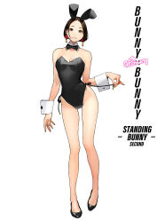 Rule 34 | 1girl, animal ears, bare legs, black bow, black bowtie, black footwear, black hair, black leotard, bow, bowtie, breasts, brown eyes, cleavage, commentary request, detached collar, earrings, full body, jewelry, legs, leotard, looking at viewer, medium breasts, original, parted lips, playboy bunny, rabbit ears, second-party source, short hair, side-tie leotard, simple background, solo, standing, white background, wrist cuffs, yomu (sgt epper)