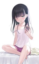 Rule 34 | 1girl, bare arms, bare legs, bed sheet, black hair, blush, breasts, camisole, cellphone, collarbone, green eyes, highres, holding, holding phone, long hair, na-ga, on bed, one eye closed, open mouth, original, phone, purple shorts, short shorts, shorts, single bare shoulder, sitting, small breasts, smartphone, solo, strap slip, white background