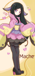 Rule 34 | 1girl, black footwear, black hair, black pantyhose, blush, bug, butterfly, character name, creatures (company), female focus, flower, full body, furisode, game freak, gym leader, hair ornament, hands up, high heels, highres, insect, japanese clothes, jpeg artifacts, kimono, long hair, long sleeves, looking at viewer, nintendo, open mouth, pantyhose, pink kimono, pokemon, pokemon xy, purple eyes, ririse, sash, shoes, simple background, skirt, sleeves past wrists, solo, standing, text focus, thighhighs, valerie (pokemon), yellow background