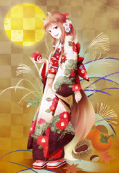 Rule 34 | 1girl, absurdres, animal ears, apple, brown background, brown hair, camellia print, checkered background, chestnut, commentary request, floral print, flower, food, from side, fruit, fudo shin, full body, hair flower, hair ornament, highres, holding, holding food, holding fruit, holo, japanese clothes, kimono, long hair, looking at viewer, obi, open mouth, persimmon, ponytail, red eyes, sandals, sash, solo, spice and wolf, standing, tabi, tail, wheat, wolf ears, wolf tail, zouri