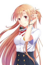 Rule 34 | 1girl, adjusting hair, alternate costume, asuna (sao), blush, braid, breasts, brown eyes, brown hair, camera, fingernails, french braid, jewelry, long fingernails, long hair, medium breasts, ring, skyrail, smile, solo, sword art online, sword art online the movie: ordinal scale, upper body, wedding band, white background