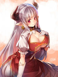 Rule 34 | 10s, 1girl, alicia (granblue fantasy), ankh, blunt bangs, blush, breasts, cleavage, cleavage cutout, clothing cutout, cross, cross earrings, dated, draph, dress, earrings, elbow gloves, from side, gloves, granblue fantasy, highres, horns, jewelry, kokka han, large breasts, long hair, looking at viewer, looking to the side, mature female, pointy ears, puffy short sleeves, puffy sleeves, red dress, red eyes, revision, short sleeves, sidelocks, signature, silver hair, smile, solo, underboob, underboob cutout, white gloves