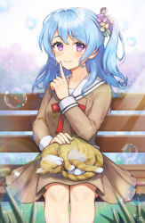 Rule 34 | 1girl, animal, bang dream!, bench, blue hair, blush, bow, bowtie, brown dress, cat, closed mouth, commentary request, day, dress, finger to mouth, grass, green ribbon, hair ornament, hair ribbon, hanasakigawa school uniform, hand up, highres, long hair, long sleeves, looking at viewer, matsubara kanon, noixen, on bench, one side up, outdoors, petting, pleated dress, purple eyes, red bow, red bowtie, ribbon, sailor collar, sailor dress, school uniform, signature, sitting, sleeve cuffs, smile, soap bubbles, solo, white sailor collar