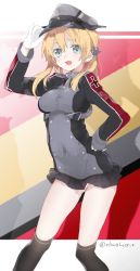Rule 34 | 10s, 1girl, blonde hair, covered navel, gloves, hand on own hip, hat, hat tip, kantai collection, long hair, open mouth, peaked cap, prinz eugen (kancolle), sino (sionori), smile, solo, twintails, twitter username, uniform