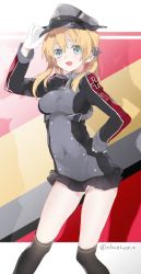 10s 1girl blonde_hair covered_navel female_focus gloves hand_on_own_hip hat hat_tip kantai_collection long_hair open_mouth peaked_cap prinz_eugen_(kancolle) sino_(sionori) smile solo twintails twitter_username uniform